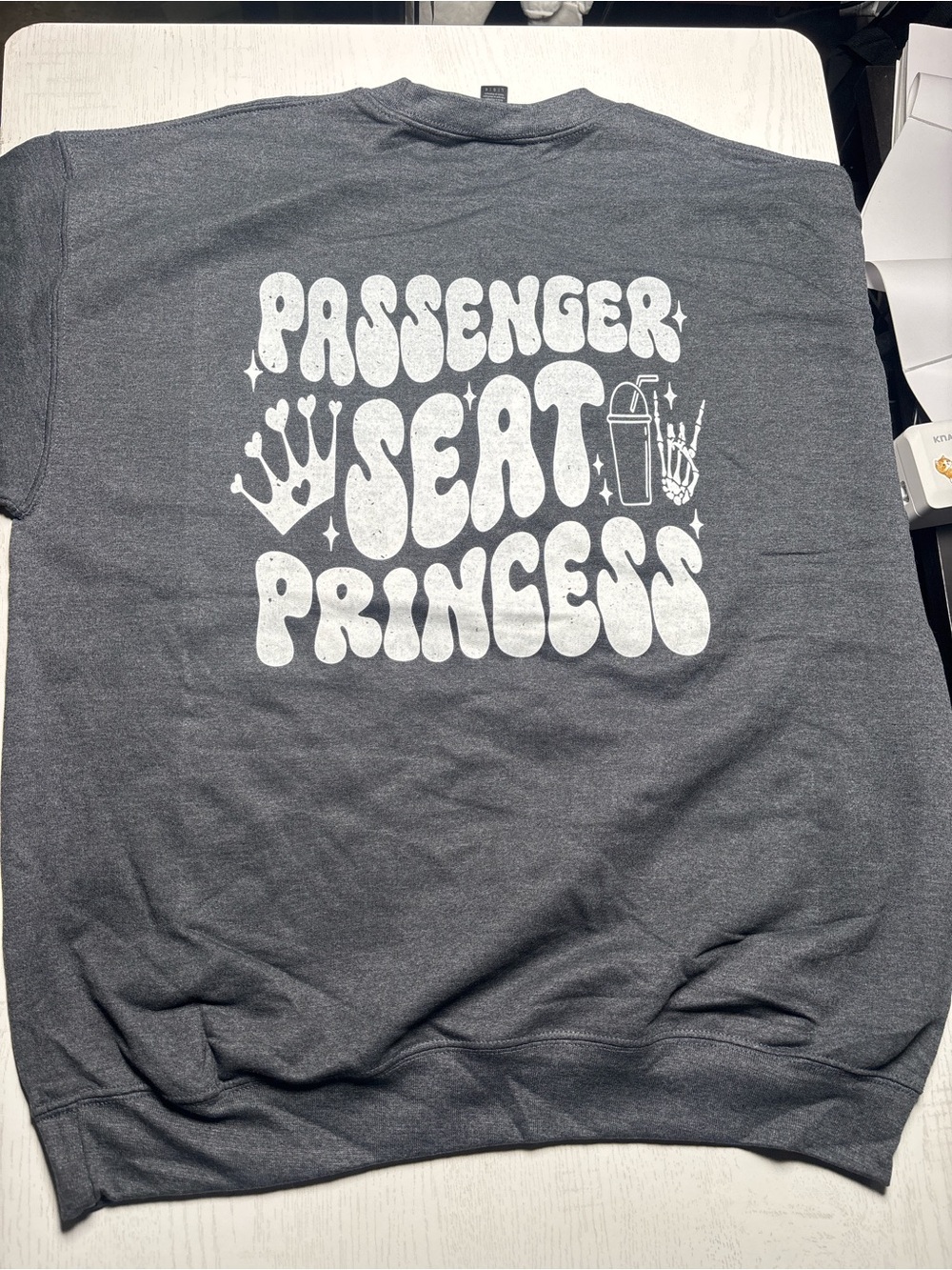 Gildan Charcoal Crewneck with White 'Passenger Seat Princess' Graphic